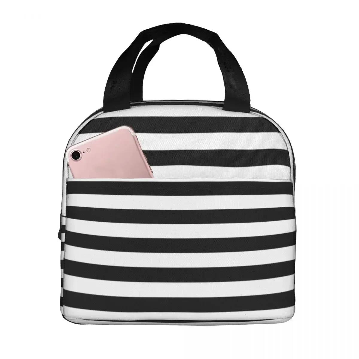 Lunch Bags for Women Kids Classic Black And White Stripes Pattern Thermal Cooler Bag Portable Picnic Polyester Tote Food Bag