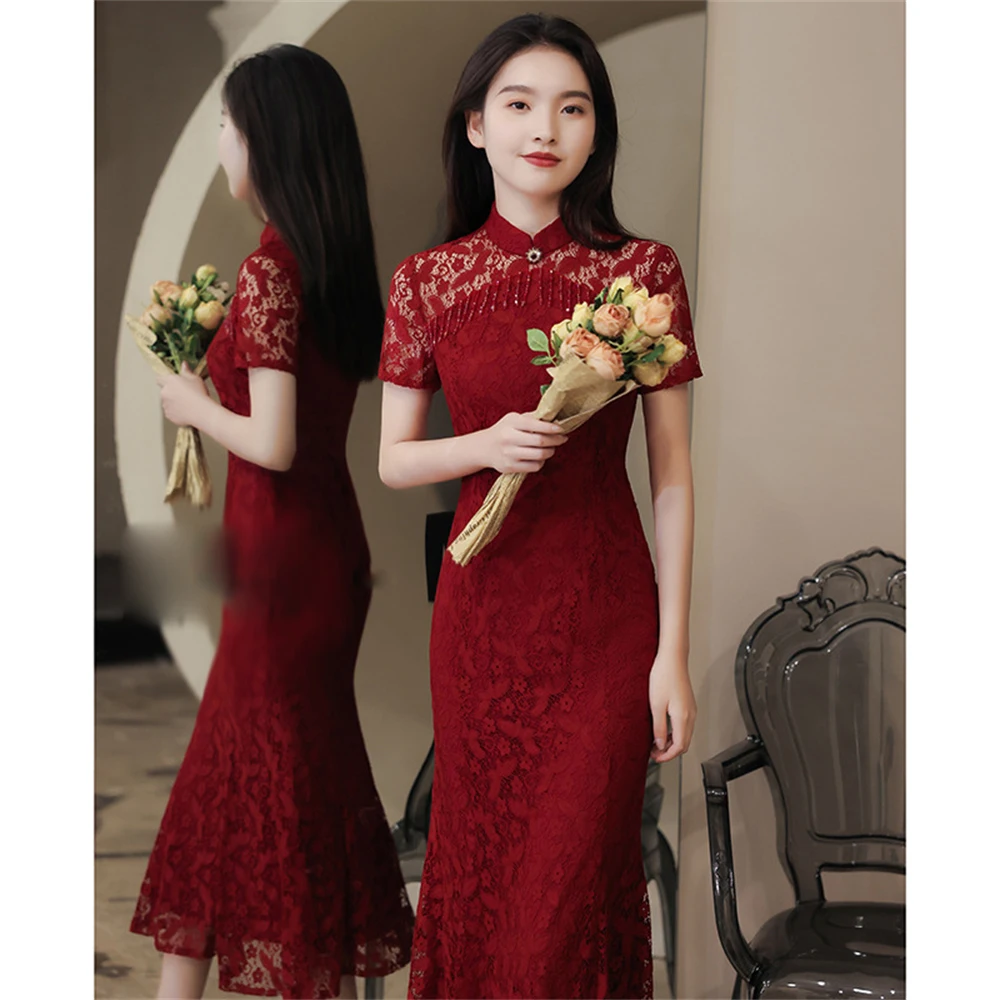 

Wine Red Lace Cheongsam Bride Wedding Toast Dress Ladies Engagement Party Fishtail Qipao Oriental Elegant Evening Banquet Gown