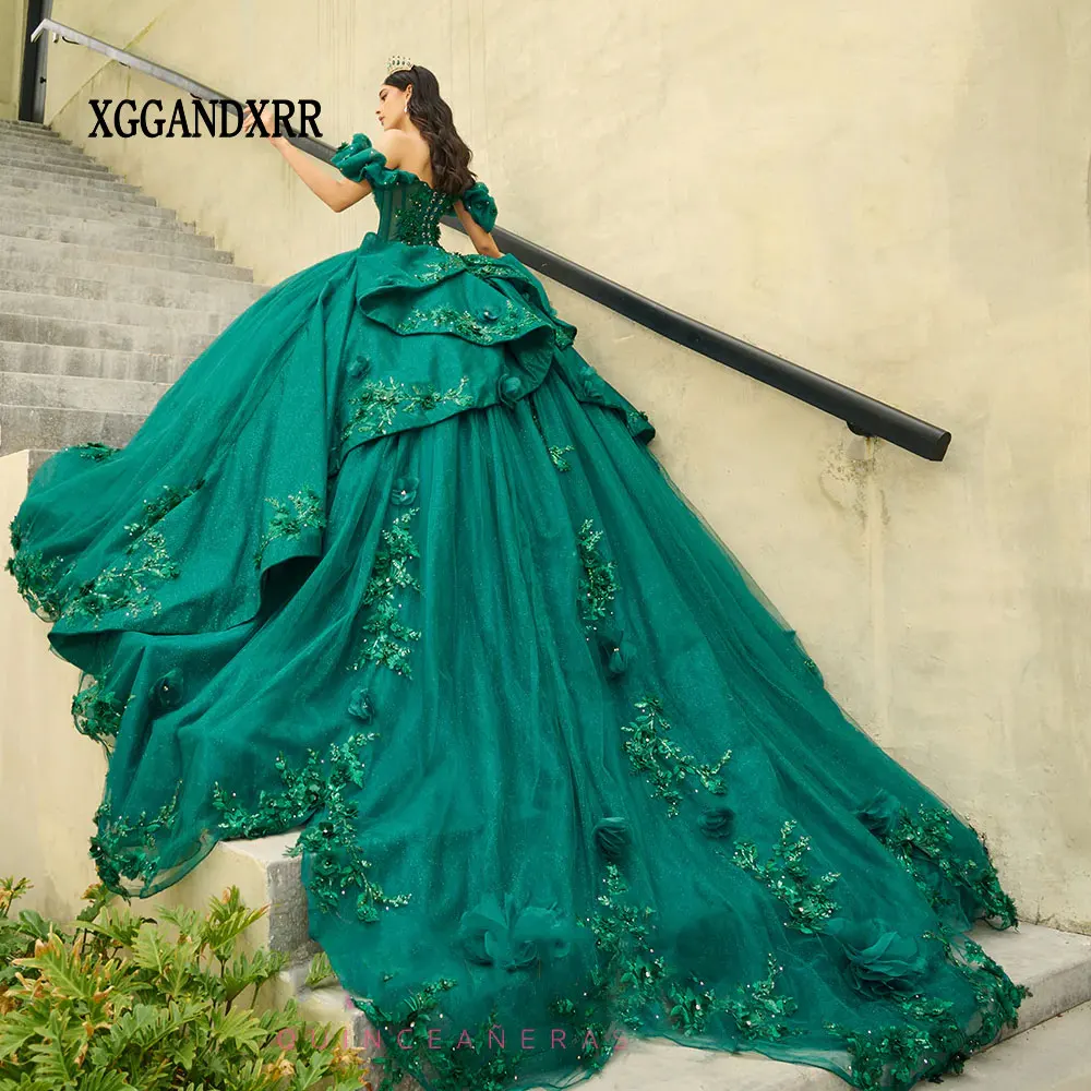 

New in Princess Green Off Shoulder Ball Gown Quinceanera Dresses 3D Flower Sweet 16 15 Birthday Dress Vestido De 15 Anos Pageant