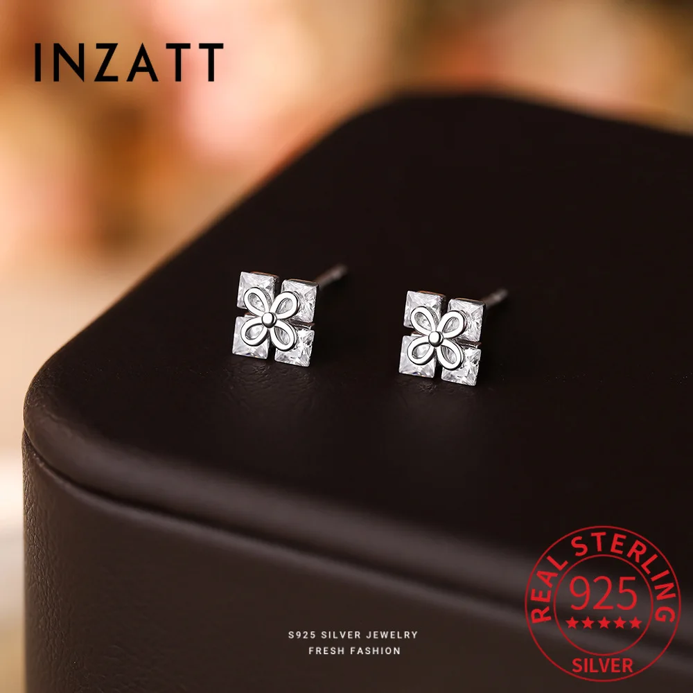 

INZATT настоящее серебро 925 пробы с цирконом и квадратным цветком, мини-серьги-гвоздики для женщин, классические ювелирные изделия, минималистичные аксессуары