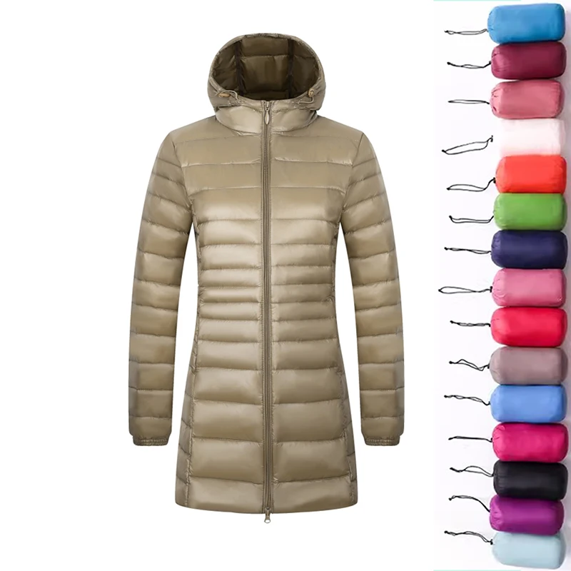 12 Color Women Long Warm Light Down Jacket Ladies Fashion Hooded with Portable Storage Bag Puffer Coats Women\'s Overcoats