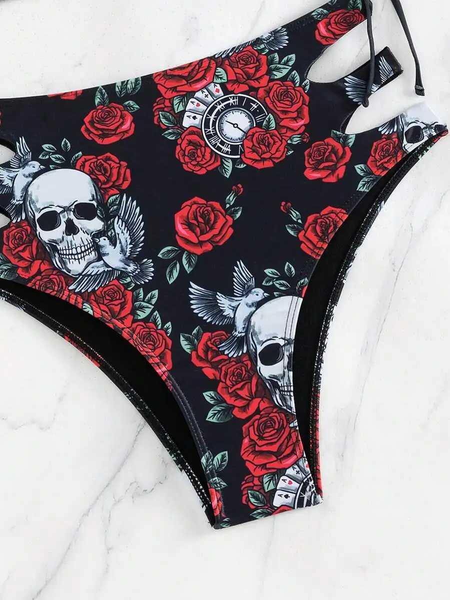 Swim EVENT Beach Skull & Floral Print Drawstring Side Bikini Set, Halloween - view 3