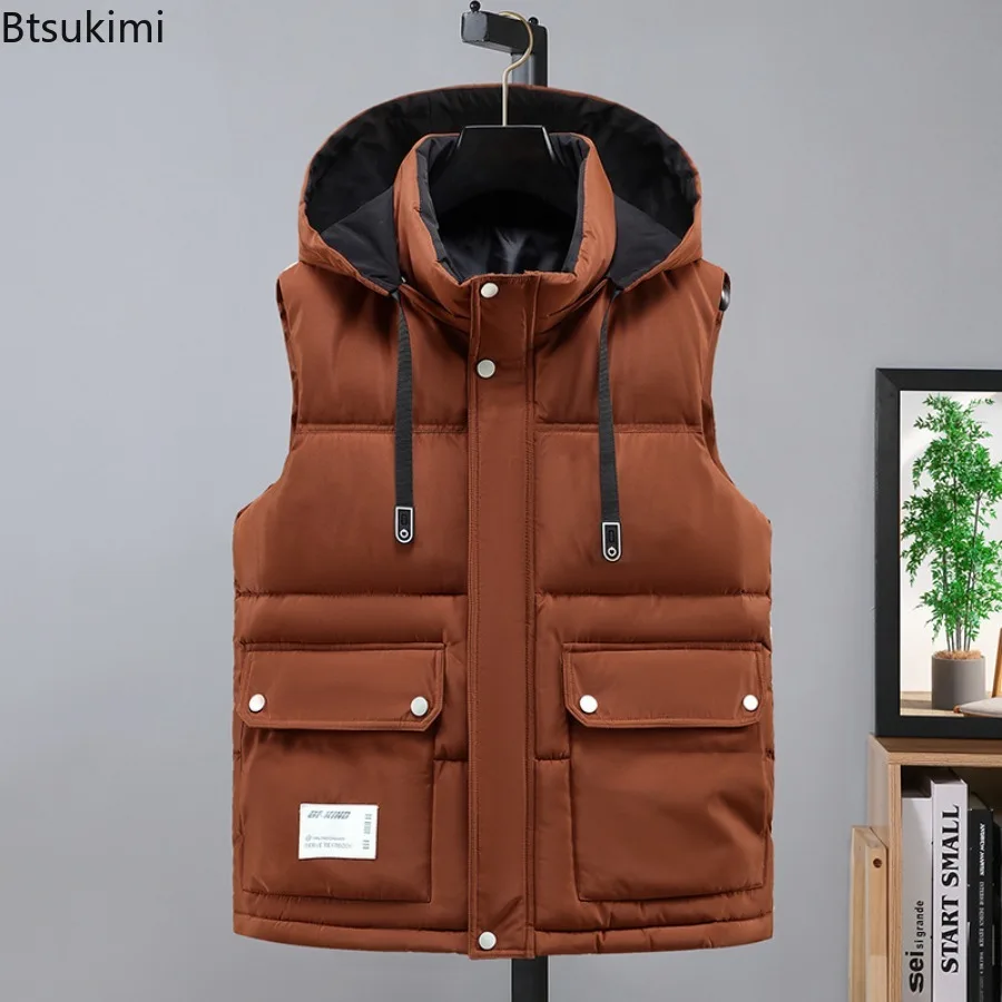 2025 Men's Cotton Vest Winter New Hooded Cotton Camisole Jacket Casual Korean Version Detachable Hat Vest Tooling Male Clothing