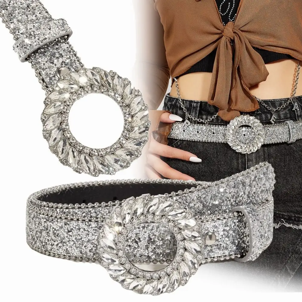 

Vintage Bling Bling Sparkling Rhinestone Belt Glitter Versatile PU Leather Belt Luxury Brand Design Trendy Waistband Women