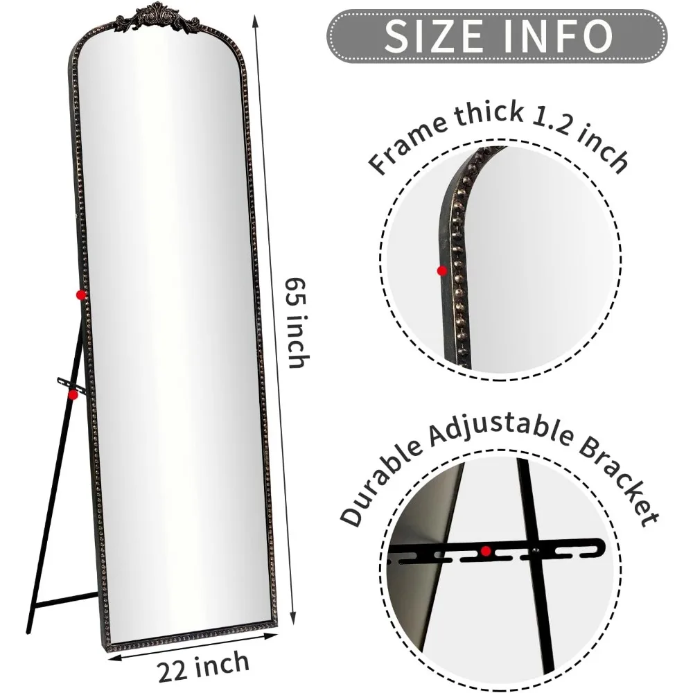 ヴィンテージバロック様式の全身鏡、65x22インチ、自立式または壁掛け式、アンティークブラックの全身鏡（斜め置き可能）