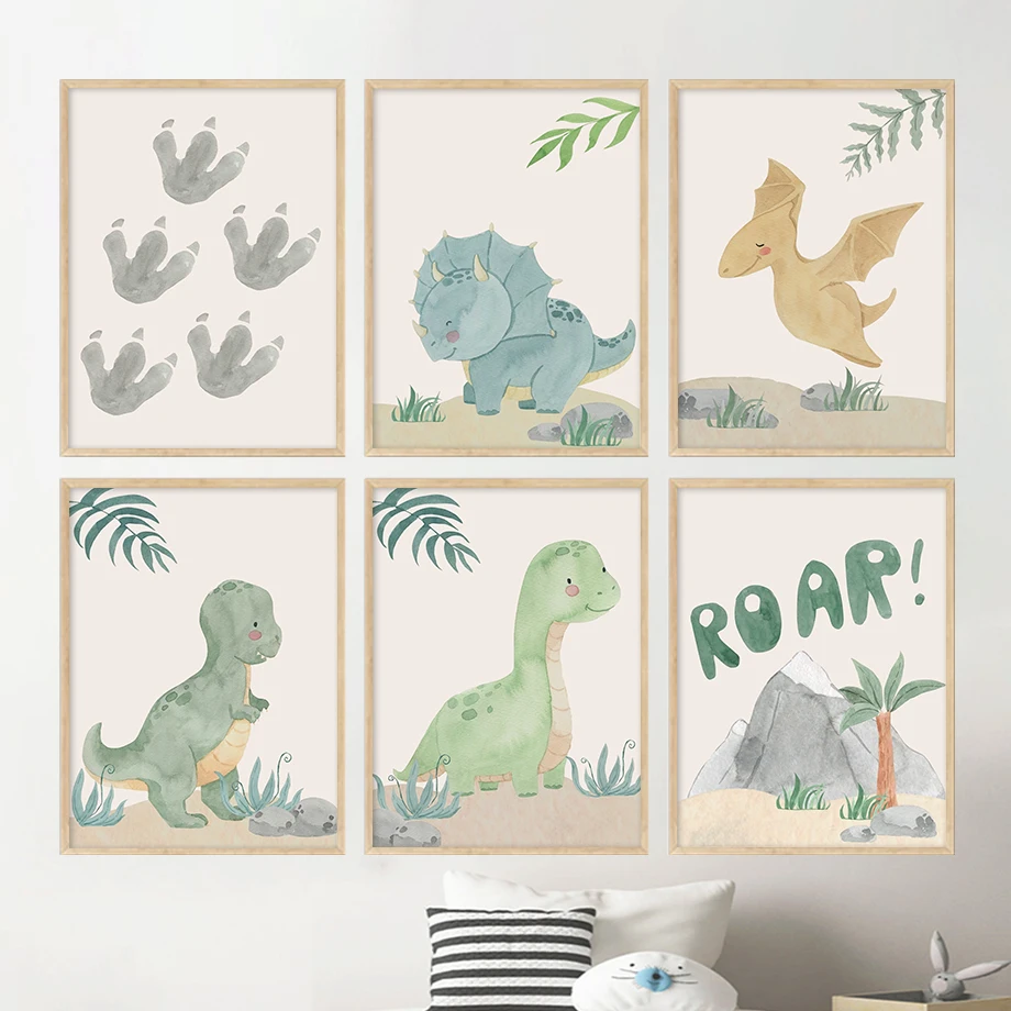 Boho Dinosaur Pterosaur Brachiosaurus Print Set Nursery Wall Art Canvas Painting Posters Dino Boys Room Kids Pictures Decor