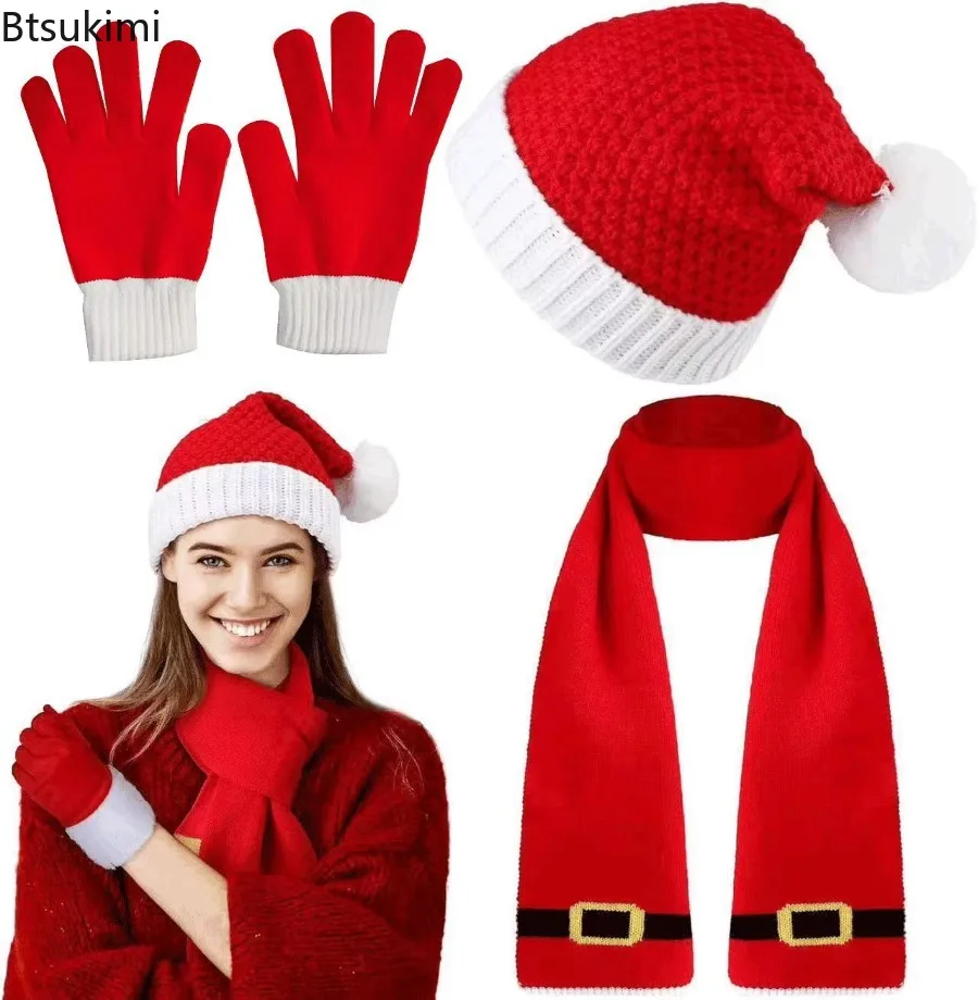 

2025 New Christmas Gift Hat Scarf Gloves Set 3pcs Red Wool Knitted Christmas Hat Scarf Pie Scarf Hat and Gloves Set for Women
