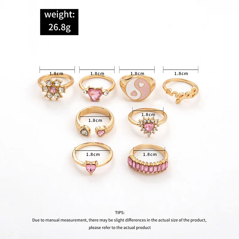 Fashion Pink Crystal Heart Ring Set For Women Enamel Yin Yang Angel Open Rings Teen Girls Unusual Jewelry Gift