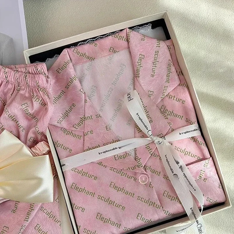 French Romantic Y2k Pink Letter Print Women Pajamas Fresh Elegant Aesthetics Sleepwear 2024 New Summer Herringbone Twill Lounges