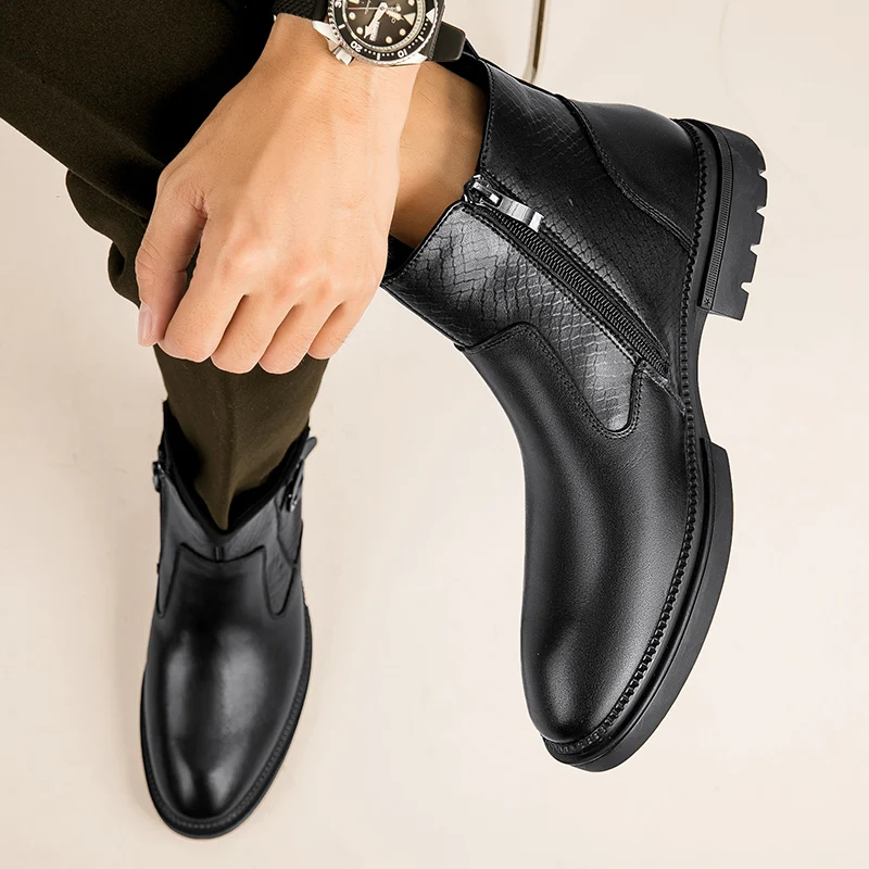 

High-quality Cowhide Men's Business Shoes, Wool Warm Snow Boots for Autumn and Winter, Outdoor Anti-slip and Waterproof Boots