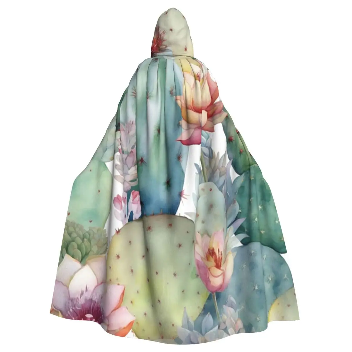Watercolor Cactus Pattern Long Hooded Cloak Witch Medieval Costume Cosplay Cape HalloweenVampire Adult Unisex