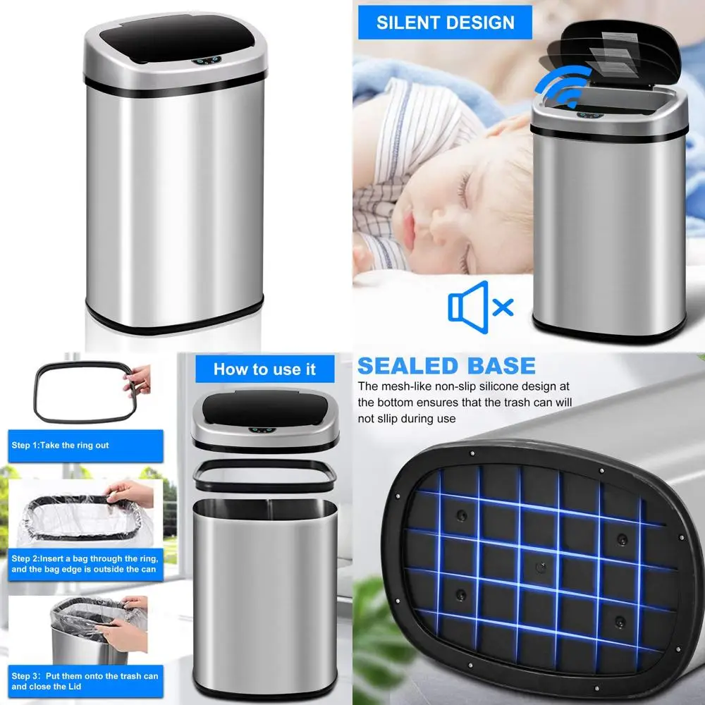 

Automatic Touch-Free 13 Gallon Stainless Steel Trash Can for Kitchen, Bathroom, and Home Office