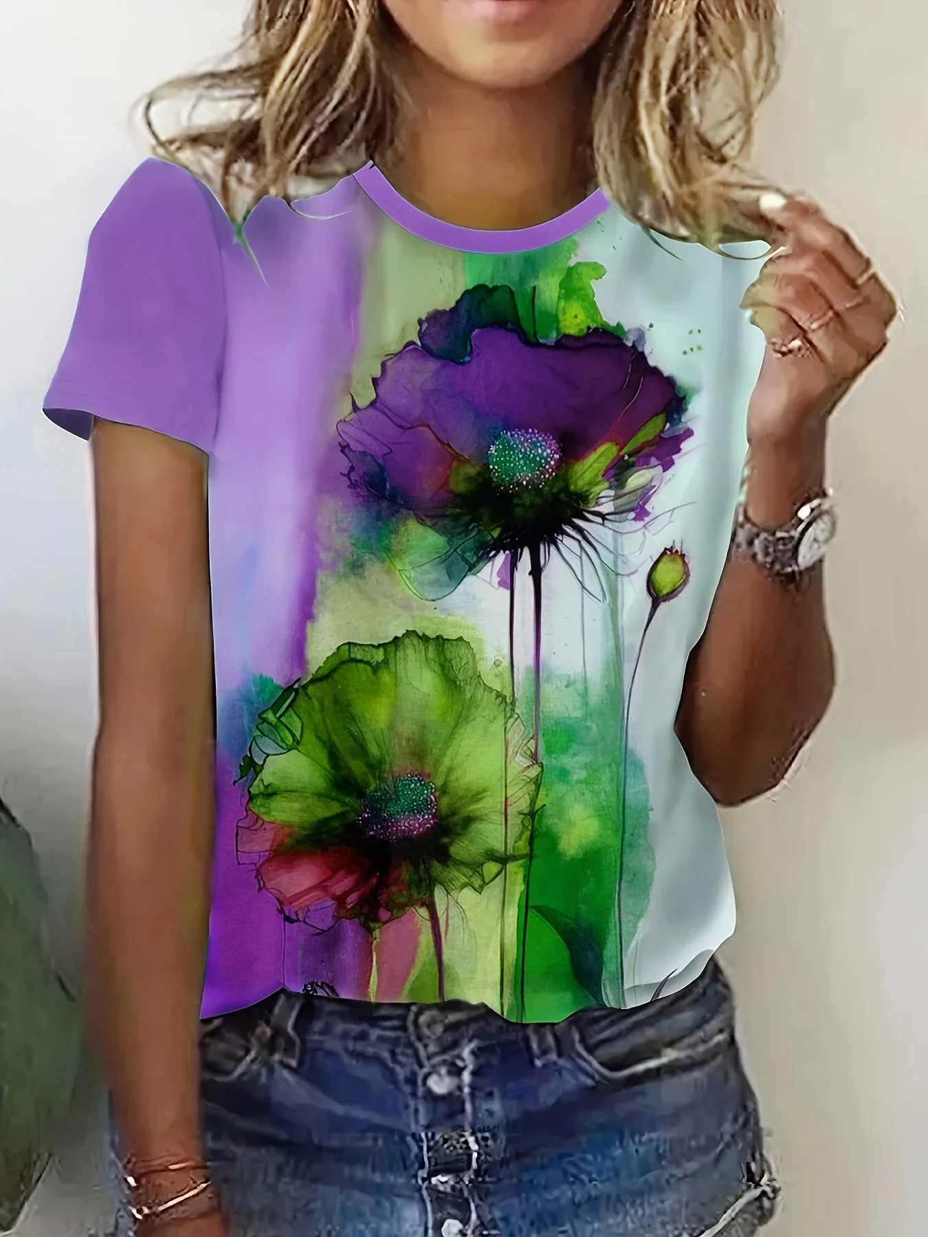 

Ink Painting Floral 3D Print T-Shirts Women Round-Neck Casual Short Sleeve T Shirt Harajuku Top Y2k Flower Tees Female Clothing