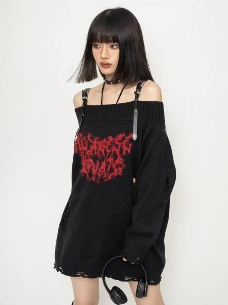 Grunge Y2k Sweater Knitwear Women Japanese Style Gothic Off Shoulder Long Sleeve Ripped Jumper Harajuku Goth Streetwear