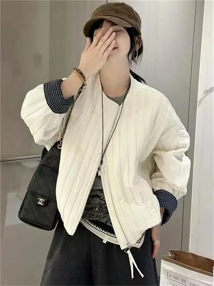 

Корейская укороченная куртка из прессованного хлопка с круглым вырезом, женская, на раннюю осень, с клетчатыми вставками, универсальный свободный топ