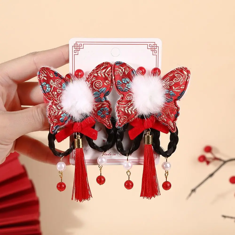 

Chinese Style Children's New Year Hairpin Tang Suit Sweet Wig Braid Barrettes Tassel Hanfu Headwear Red Bow Hair Clip Girls