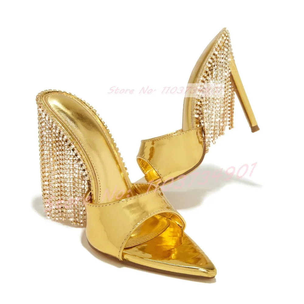 Gold Crystals Chain Tassel Pointy Toe Slippers Female Sexy Luxury Satin Thin Heeled Mules Women Classy Fashion Metallic Shoes