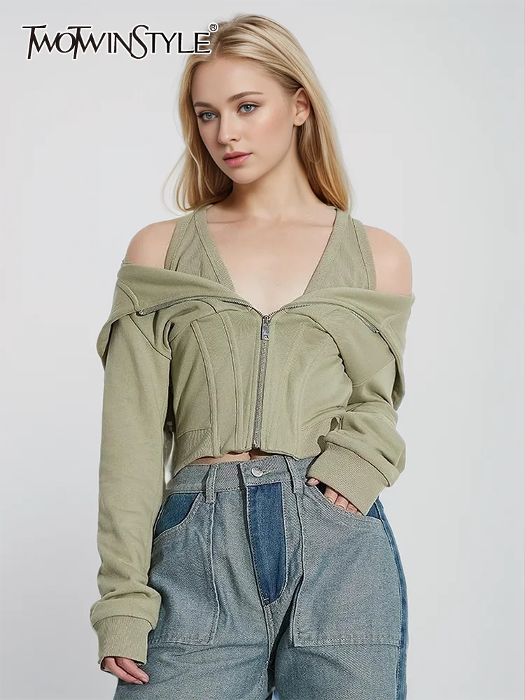 TWOTWINSTYLE felpa Casual con cerniera impiombata solida per le donne felpe con temperamento minimalista a maniche lunghe con cappuccio femminile