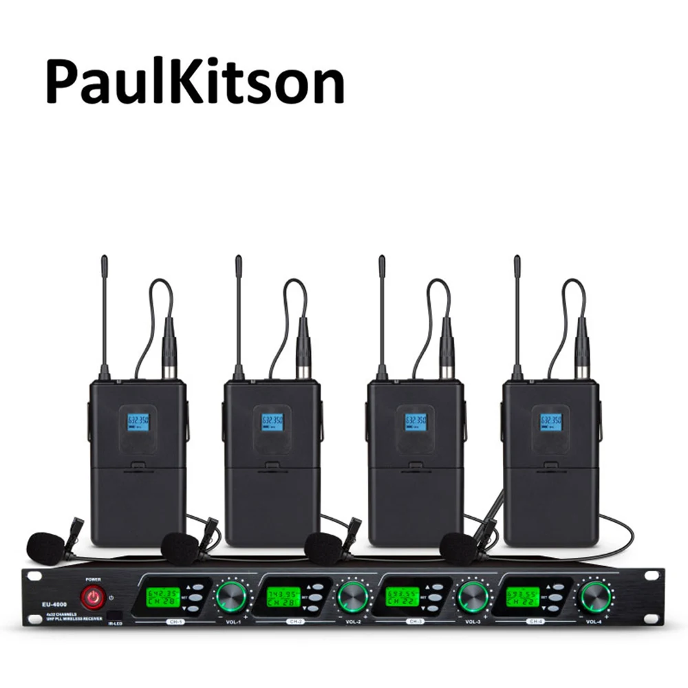 Paulkitson EU4000 Microfone Sem Fio Profissional 4 Canais Handheld Mic Lavalier Mic Para Igreja Atividade Ao Ar Livre Stage Micrófo