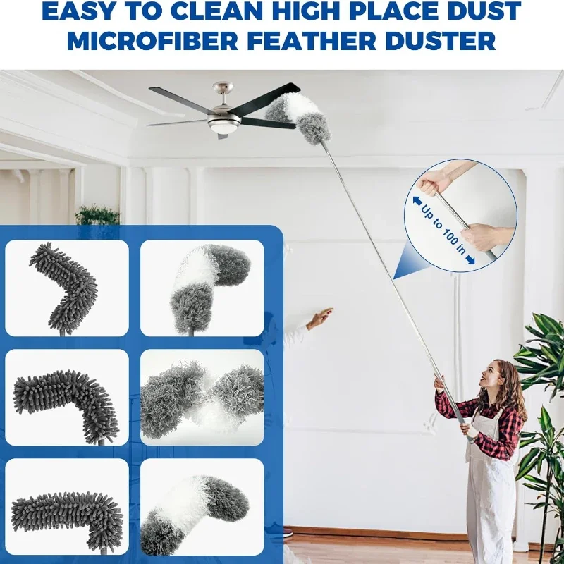 2.8M Duster Brush Microfiber Duster Extendable Curved Ceiling Cleaning Broom Household Electrostatic Dust Collector