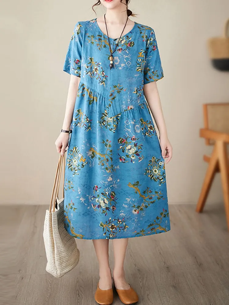 Women Casual Long Dress New 2023 Summer Vintage Style O-neck Floral Print Loose Cotton Female Elegant A-line Dresses B2541