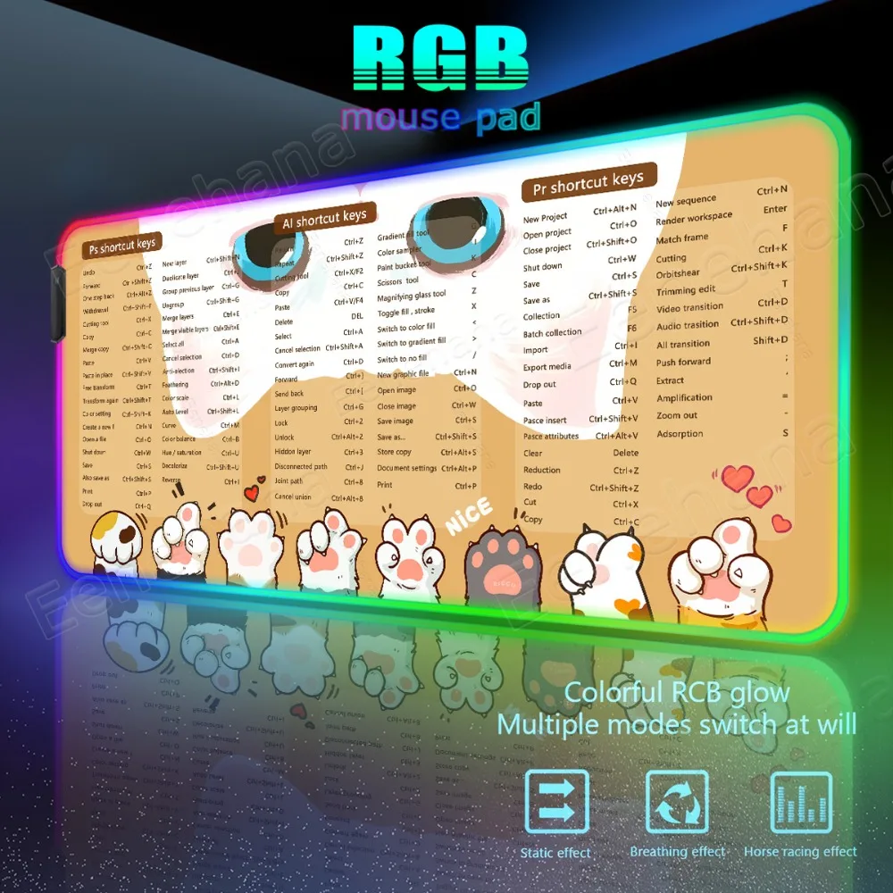 

RGB Cute Black Cat PS AI Pr Shortcut PC Gamer Locking Edge Mouse Pad Kawaii DeskMat Keyboard Accessories Laptop Luminescence Pad