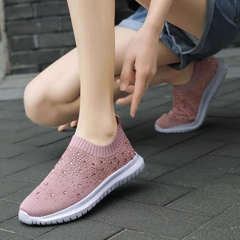 Large Size Rhinestone Elastic Socks Shoes Casual Women\'s Flying Woven Breathable Lightweight Casual Thick-soled Shoes