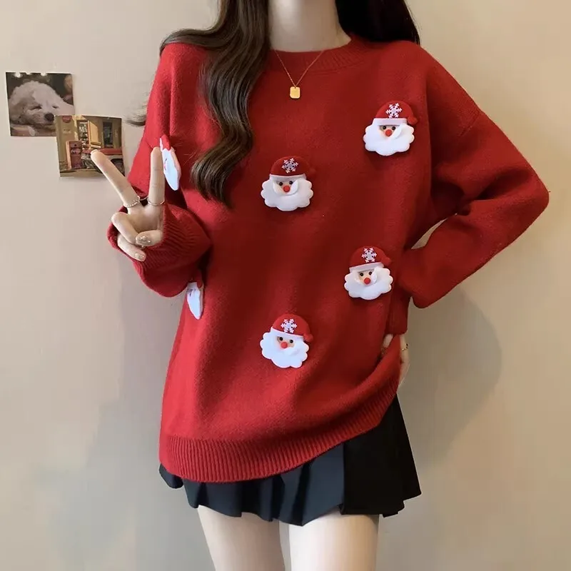 Y2K Sweet Girls Kawaii Santa 3D Applique Crew Neck Sweater for Women Soft Knit Jumper Christmas Party Aesthetic Long Sleeve Top