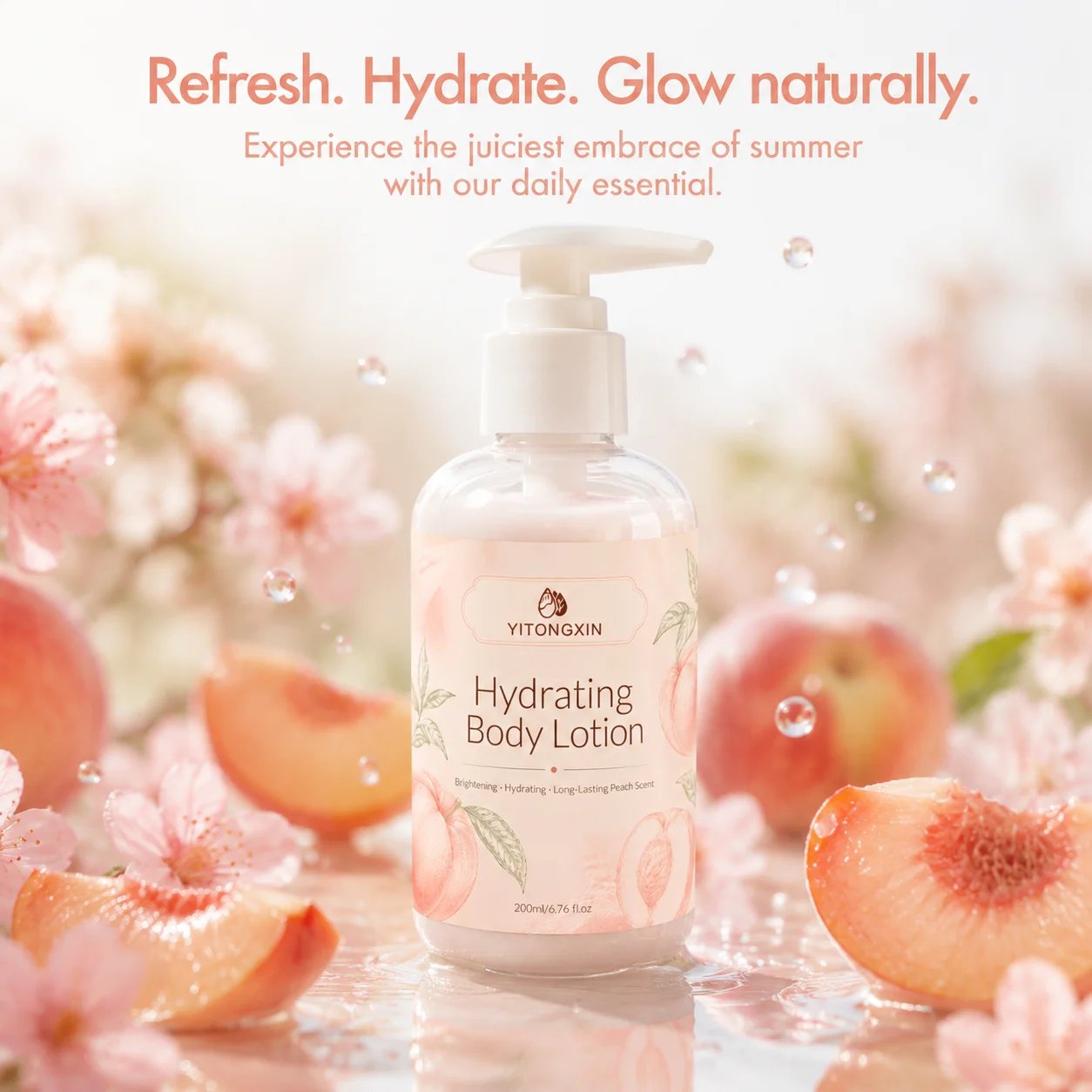 Hydrating Body Lotion with Peach Extract, Brightening Body Cream for Even Skin Tone, Daily Use After Shower, 200ml