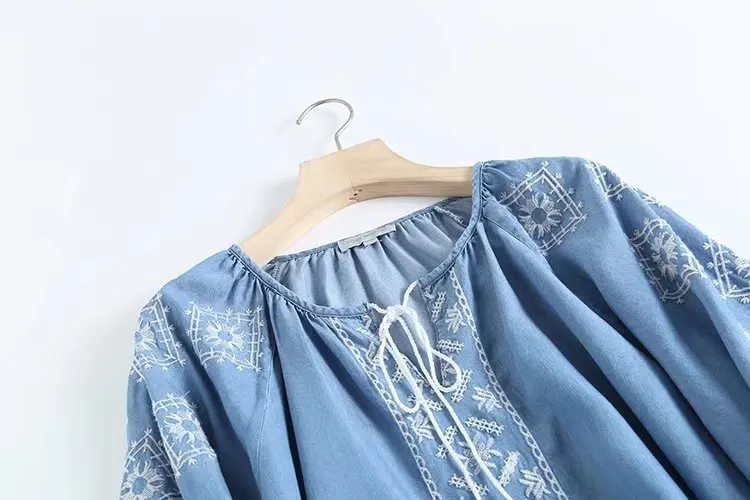 ربيع وصيف 2024 جولة Ne المطرزة التعادل الخصر ميدي طول الحرير الدنيم الدكتور المرأة العرقية Sle طويلة Sve عادية الدكتور #4