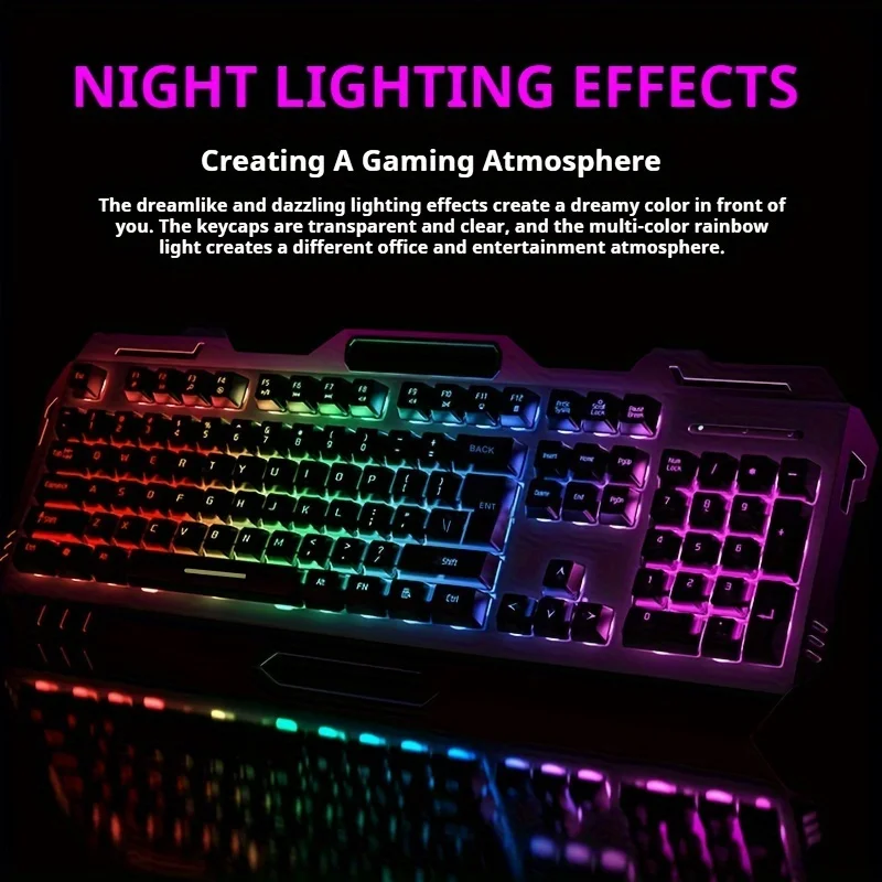 EWEADN GX80Z Gaming Membrane Keyboard, 104Keys Wired All-Metal Panel Silent with LED Backlit, Esports, Home Use, School, Laptop