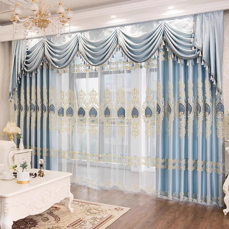 

Custom European thick embroidery living room bedroom high-end luxury blue blackout curtain tulle valance drape C2177