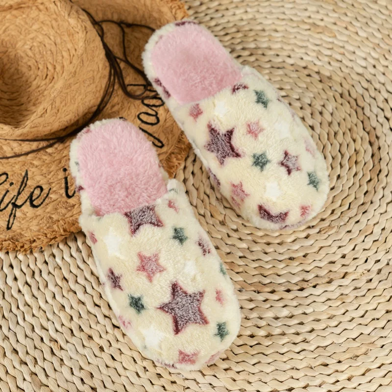 Five-pointed Stars Women Home Soft Slippers Couples Winter Indoor Warm Bedroom Plush Slides Adults Cozy Quiet Plush Flat Sandals