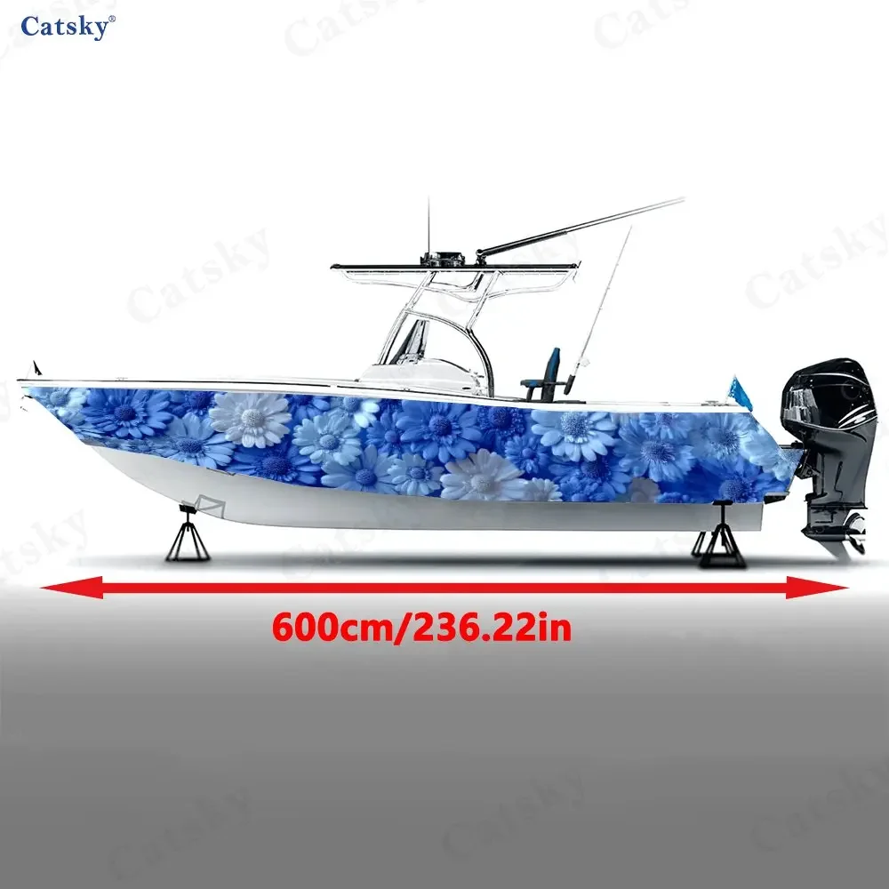 2Pcs Gradient Blue Floral Cluster Boat Stickers, PVC Waterproof Vinyl Wrap Decals for Fishing Boats, Durable and Stylish Design