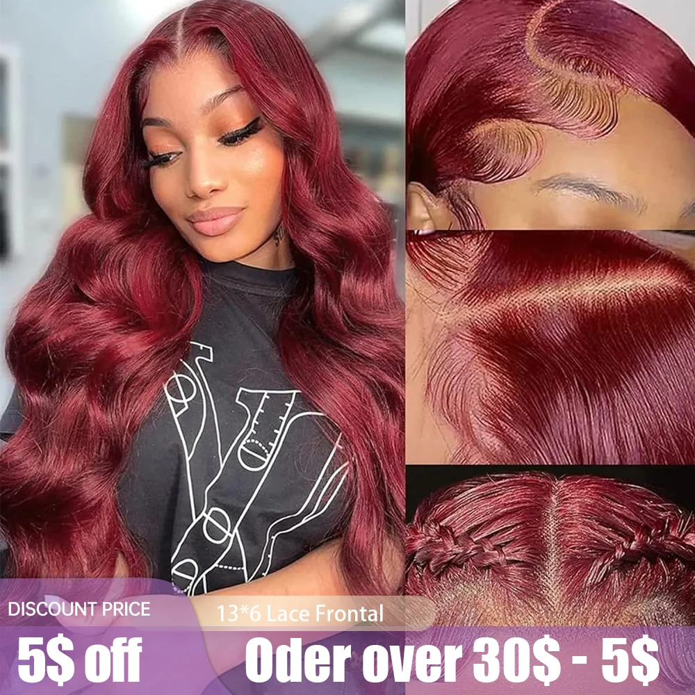Perruque Lace Frontal Wig synthétique Body Wave longue Afro, 13x6, perruque Lace Frontal Wig suisse bordeaux vin rouge pour femmes noires, brésilienne quotidienne