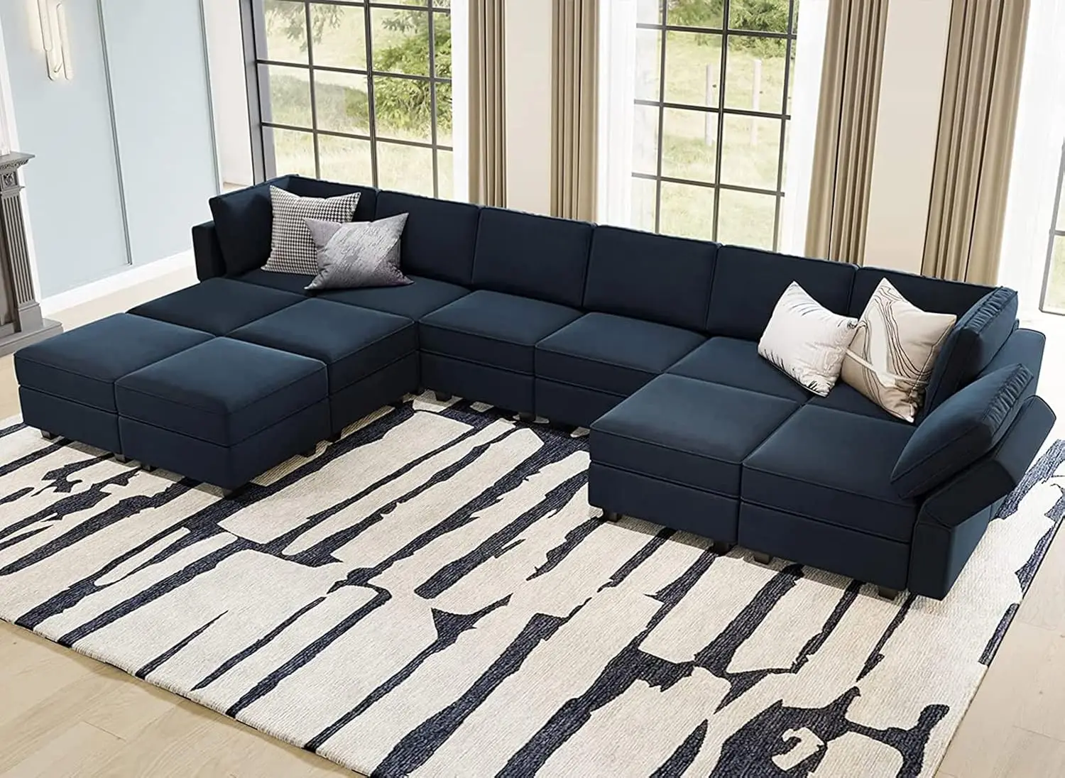 

Oversized Modular Sectional U Shaped Couch with Reversible Double Chaises Velvet Sleeper Sofa with Storage Blue