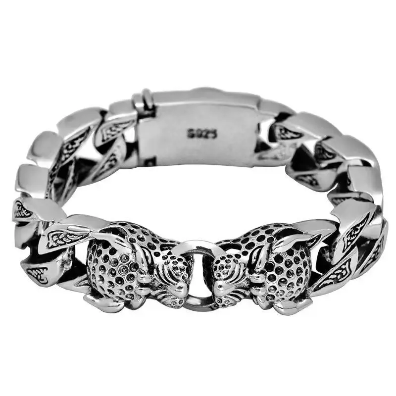 S925 Silver Leopard Horsetail Woven Double Leopard Head Bracelet Aggressive Men's Retro Handmade Silver Bangle Holiday Gift