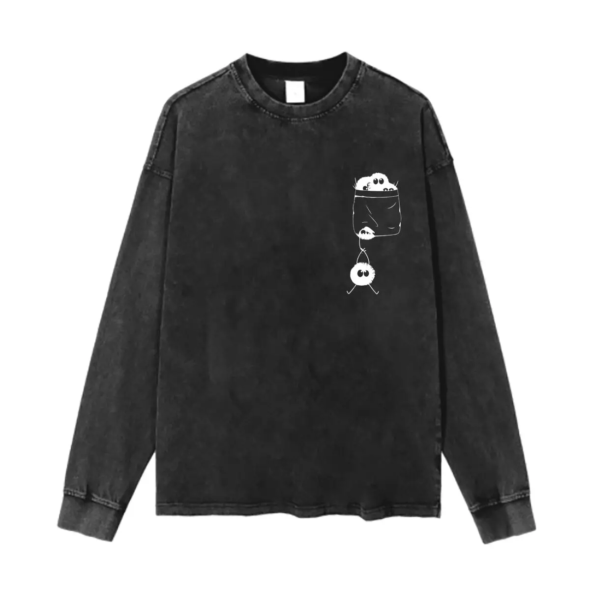 Studio Ghibli Soot Sprites diseño temático de arte algodón lavado Vintage sólido cuello redondo Camiseta de manga larga para hombres y mujeres
