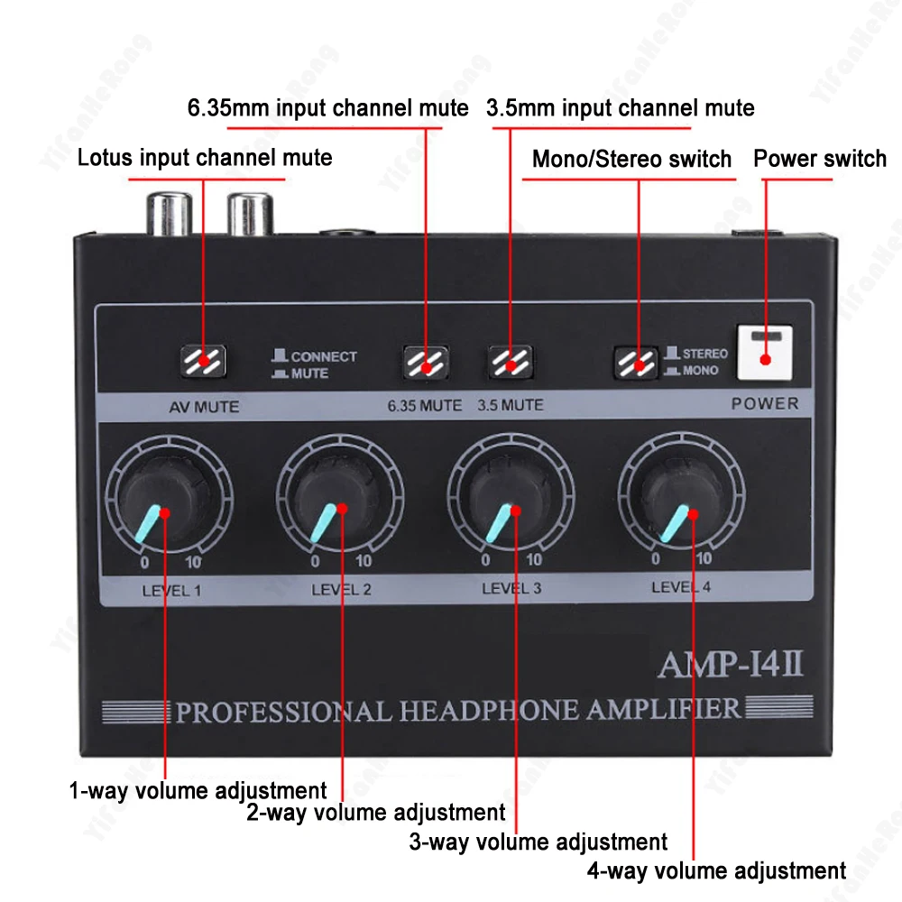 4-Channel Stereo Headphone Amplifier Independent Volume Control With Power Adapter For Charging Audio6.35mm 3.5mm  Stereo Mixer