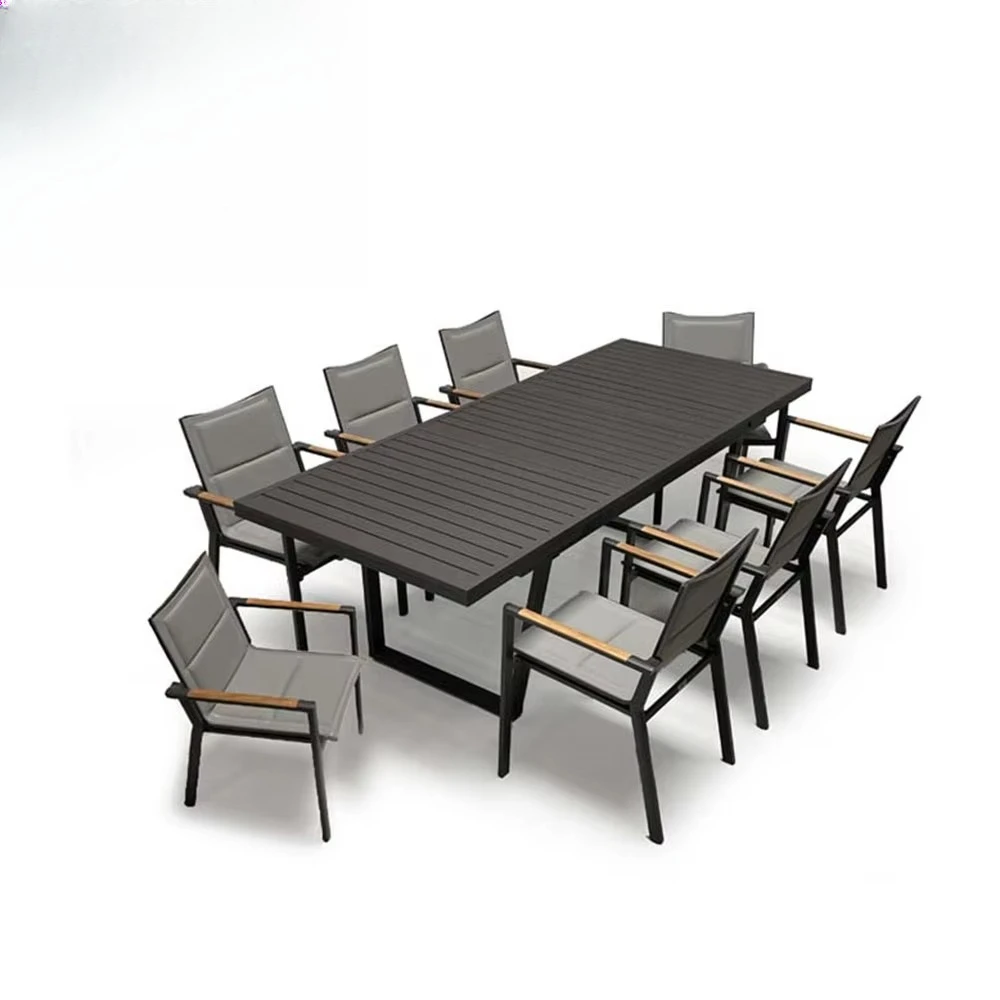 Modern Patio Furniture Extendable 8 Seater Table and Stackable Armrest Chairs Aluminum Outdoor Dinner Set for Garden