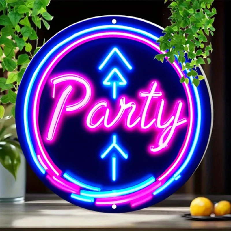 2D Flat - 1pc 2D Flat-Printed Metal Sign Featuring a Retro Neon-Style Round Design with Lively Pink And Blue Arrows, Ideal for D