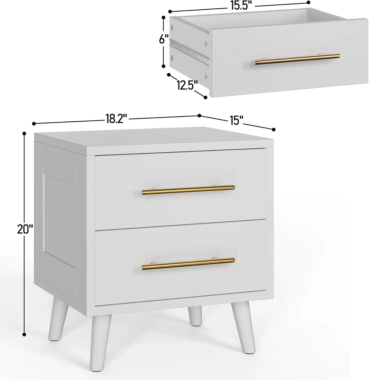 Nightstand, Bedside Table with Metal Handles, Modern Wood Night Stand 2 Drawer Dresser for Bedroom, White Nightstand