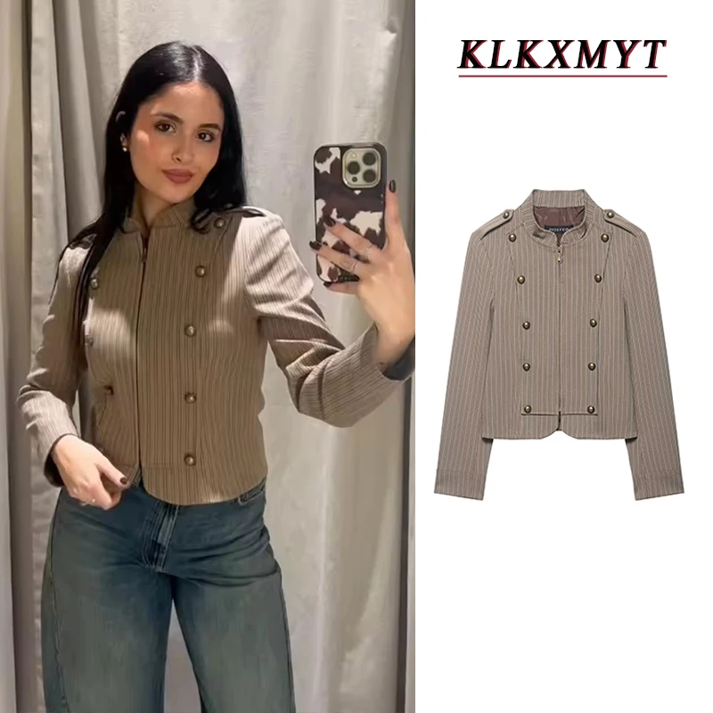 

Женский модный укороченный пиджак 2026 года с полосками, на молнии, с длинными рукавами, винтажный, двубортный, приталенный, в стиле High Street, элегантный костюмный блейзер
