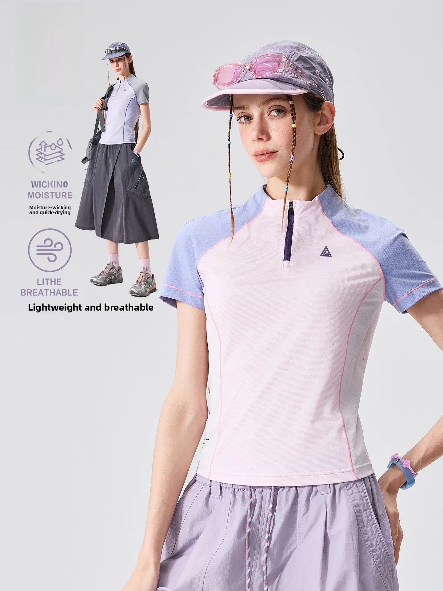 LAZY DAY Outdoor Quick Dry Breathable Half Zip Short Sleeve T-Shirt Women Summer Color Block Moisture Wicking Sporty Style