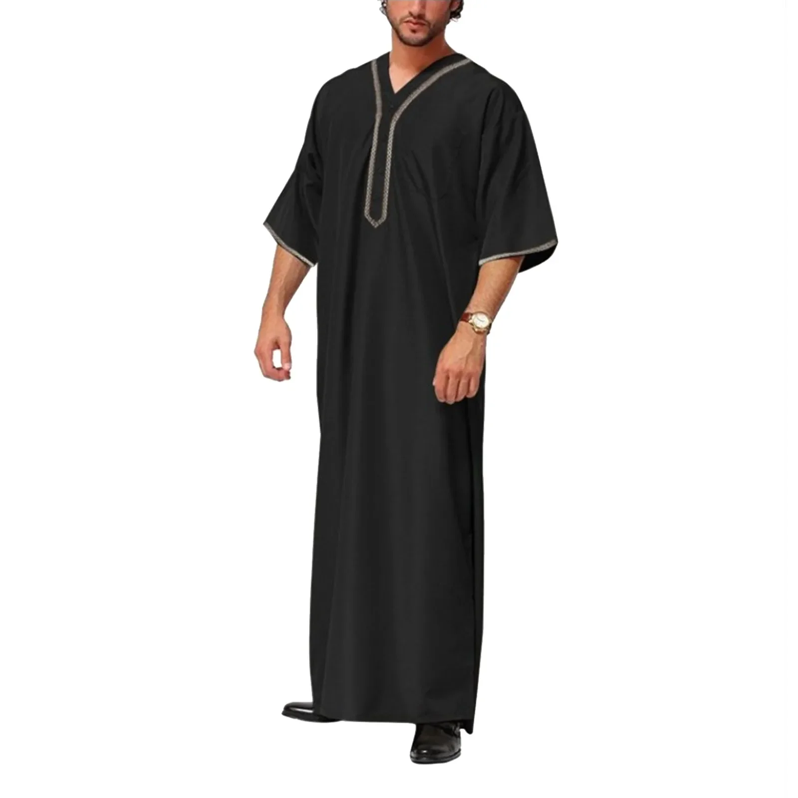 Men Vintage Half Sleeve Muslim Kaftan Robes Leisure V Neck Printed Galabia Thobe Solid Patchwork Arabic Clothes Plus Size S-5XL