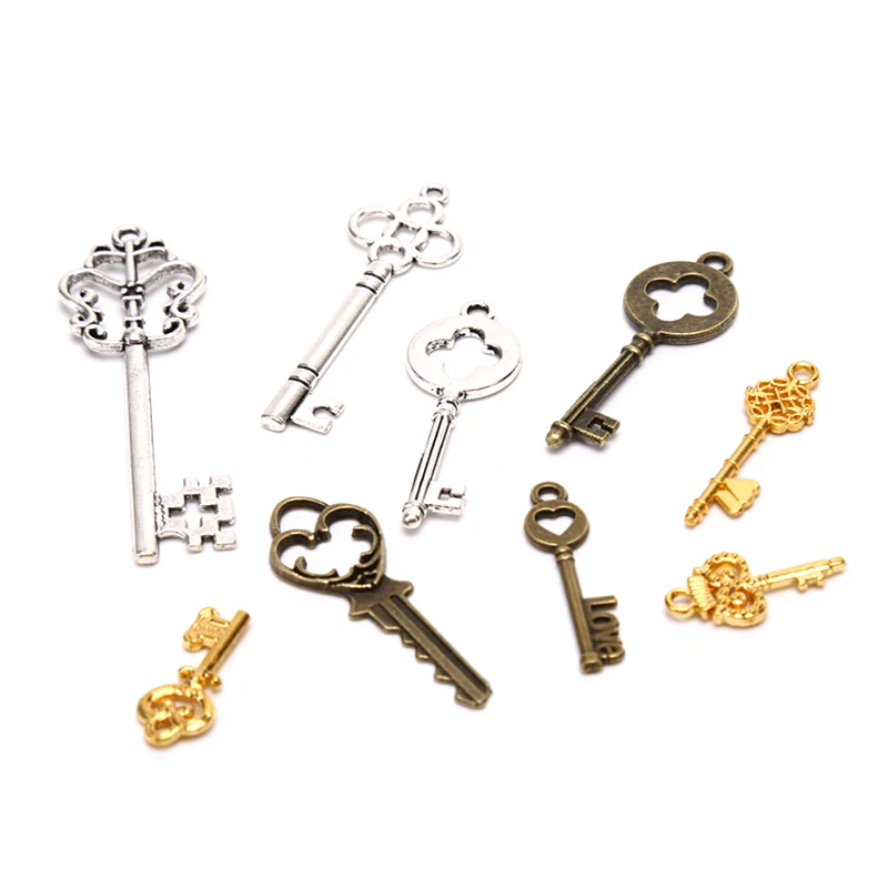 13Pcs Vintage Metal Mix Style Key Charms Pendant Jewelry Making Old Looking
