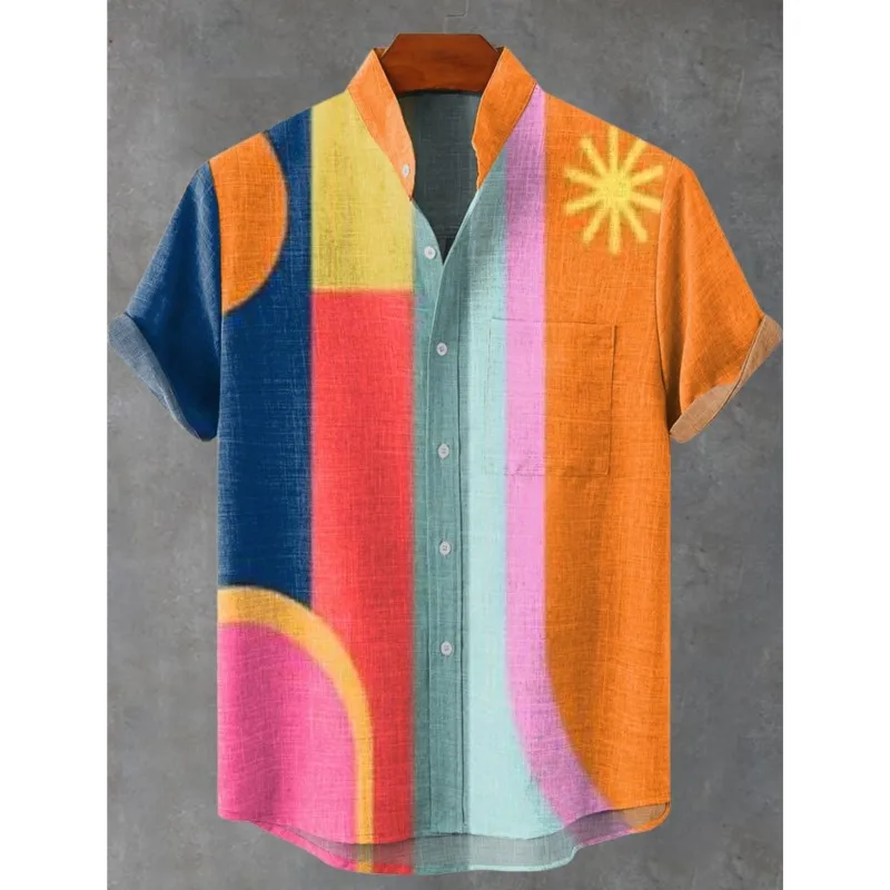 Men's Retro Linen Shirt Summer Cool Comfortable Short Sleeve Japanese Elegant Art Pattern Printed Button-Up Top