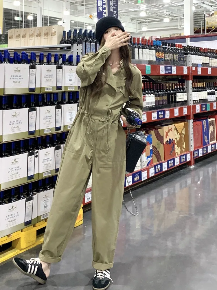 카키색 작업복 바지 여성용 루즈 캐주얼 디자인 봄 신상 한국 스타일 하이웨이스트 롱 팬츠 출퇴근 패션
