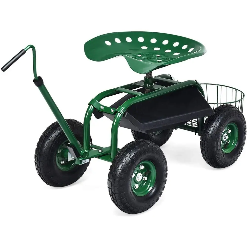 

Rolling Garden Seat with Wheels, Outdoor Gardening Scooter with 360° Swivel Seat, Tool Tray & Basket, Adjustable Steering Handle