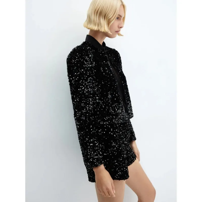 Spring and Summer New Solid Color Sequins Suit Women\'s Fashion Long Sleeve round Neck Cardigan Short Coat High Waist Shorts Suit